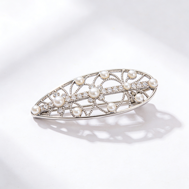 Silver Filigree Pearl Bar Brooch