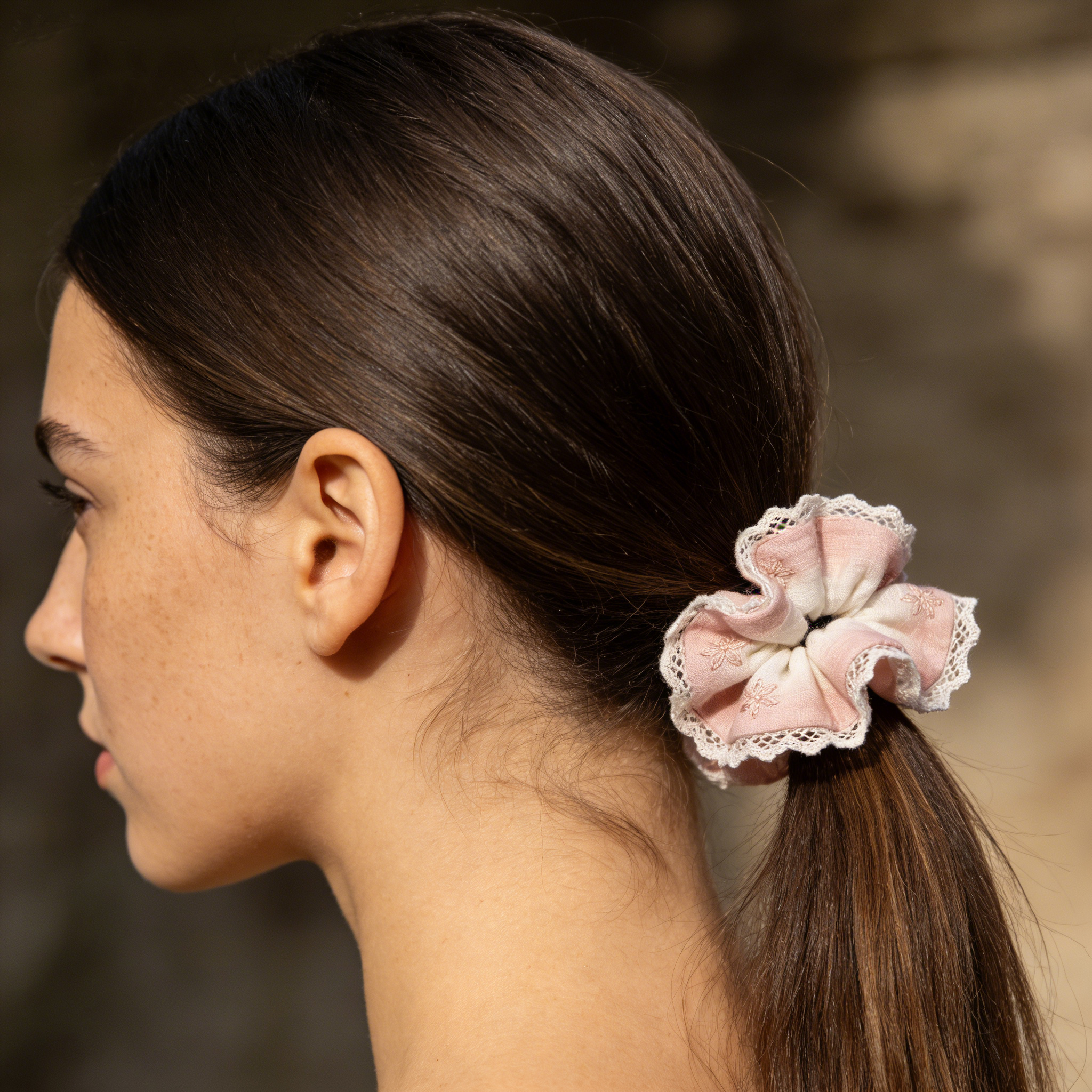 Pink Floral Embroidered Scrunchie