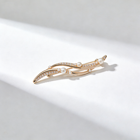 Wavy Pearl & Crystal Brooch