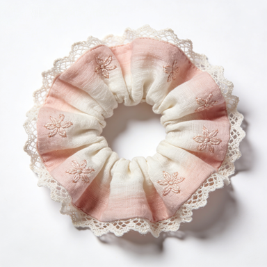 Pink Floral Embroidered Scrunchie