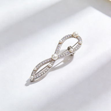 Silver Infinity Pearl & Crystal Brooch