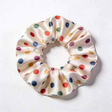 Rainbow Polka Dot Satin Scrunchie