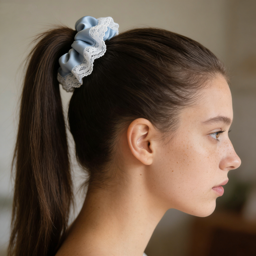 Dusty Blue Satin & Lace Scrunchie